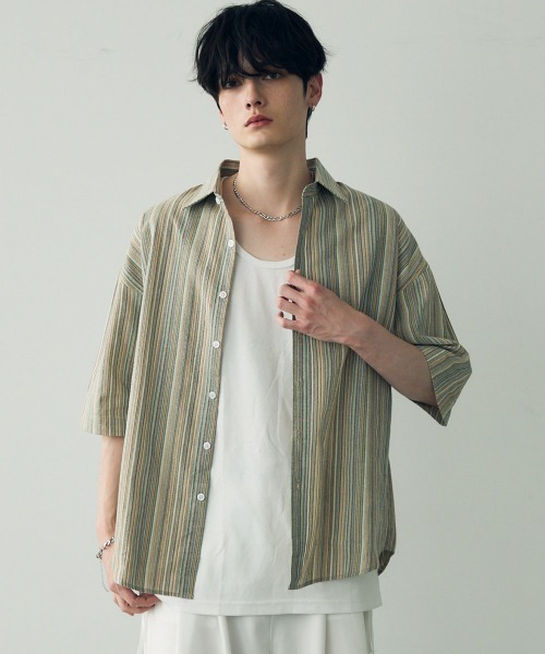 Shoowtime(ショウタイム)の「Over size retro stripe shirt / オーバーサイズレトロ配色ストライプシャツ(シャツ/ブラウス・メンズ・ベージュ系/ブルー系・X-LARGE/LARGE/MEDIUM)」の4枚目の写真