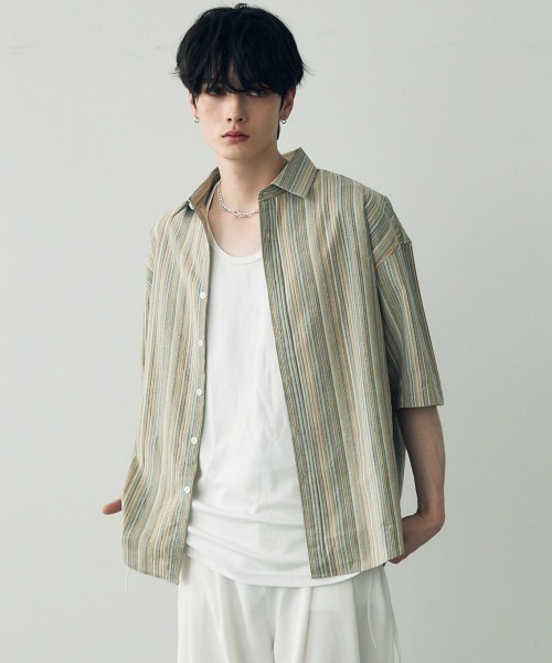 Shoowtime(ショウタイム)の「Over size retro stripe shirt / オーバーサイズレトロ配色ストライプシャツ(シャツ/ブラウス・メンズ・ベージュ系/ブルー系・X-LARGE/LARGE/MEDIUM)」の5枚目の写真
