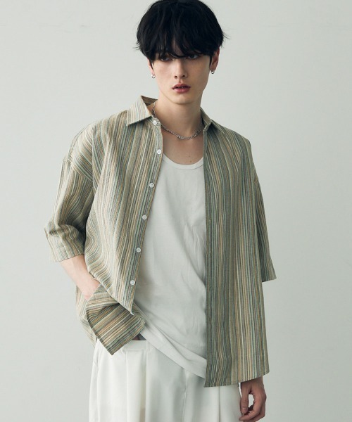 Shoowtime(ショウタイム)の「Over size retro stripe shirt / オーバーサイズレトロ配色ストライプシャツ(シャツ/ブラウス・メンズ・ベージュ系/ブルー系・X-LARGE/LARGE/MEDIUM)」の6枚目の写真