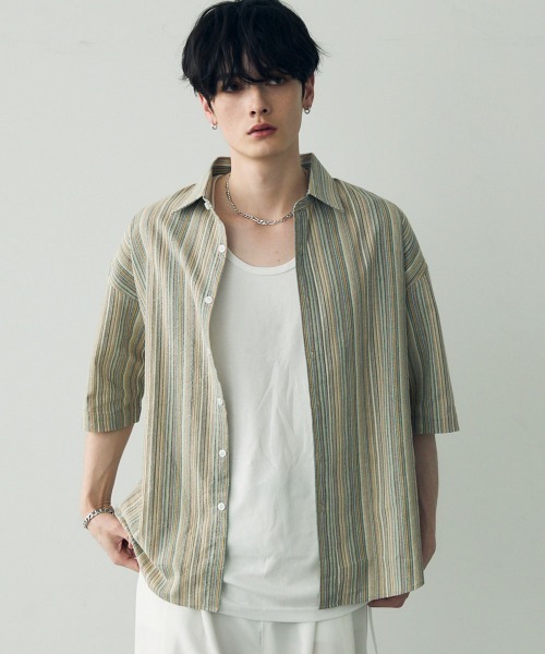 Shoowtime(ショウタイム)の「Over size retro stripe shirt / オーバーサイズレトロ配色ストライプシャツ(シャツ/ブラウス・メンズ・ベージュ系/ブルー系・X-LARGE/LARGE/MEDIUM)」の7枚目の写真