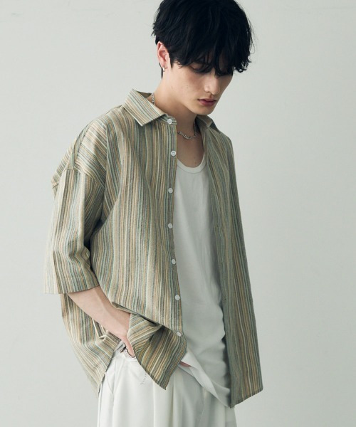 Shoowtime(ショウタイム)の「Over size retro stripe shirt / オーバーサイズレトロ配色ストライプシャツ(シャツ/ブラウス・メンズ・ベージュ系/ブルー系・X-LARGE/LARGE/MEDIUM)」の8枚目の写真