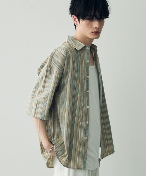 Shoowtime(ショウタイム)の「Over size retro stripe shirt / オーバーサイズレトロ配色ストライプシャツ(シャツ/ブラウス・メンズ・ベージュ系/ブルー系・X-LARGE/LARGE/MEDIUM)」の9枚目の写真