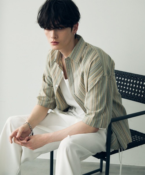 Shoowtime(ショウタイム)の「Over size retro stripe shirt / オーバーサイズレトロ配色ストライプシャツ(シャツ/ブラウス・メンズ・ベージュ系/ブルー系・X-LARGE/LARGE/MEDIUM)」の10枚目の写真