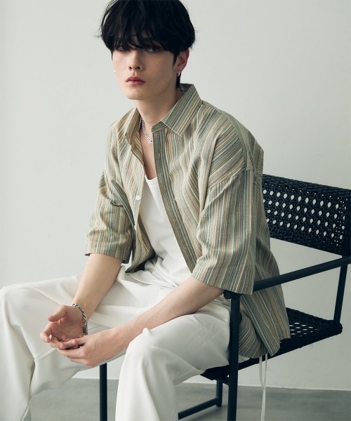 Shoowtime(ショウタイム)の「Over size retro stripe shirt / オーバーサイズレトロ配色ストライプシャツ(シャツ/ブラウス・メンズ・ベージュ系/ブルー系・X-LARGE/LARGE/MEDIUM)」の11枚目の写真