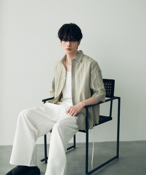 Shoowtime(ショウタイム)の「Over size retro stripe shirt / オーバーサイズレトロ配色ストライプシャツ(シャツ/ブラウス・メンズ・ベージュ系/ブルー系・X-LARGE/LARGE/MEDIUM)」の13枚目の写真