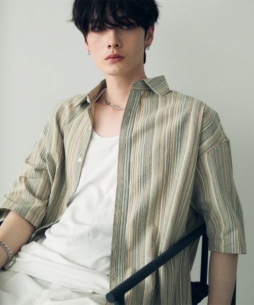 Shoowtime(ショウタイム)の「Over size retro stripe shirt / オーバーサイズレトロ配色ストライプシャツ(シャツ/ブラウス・メンズ・ベージュ系/ブルー系・X-LARGE/LARGE/MEDIUM)」の15枚目の写真