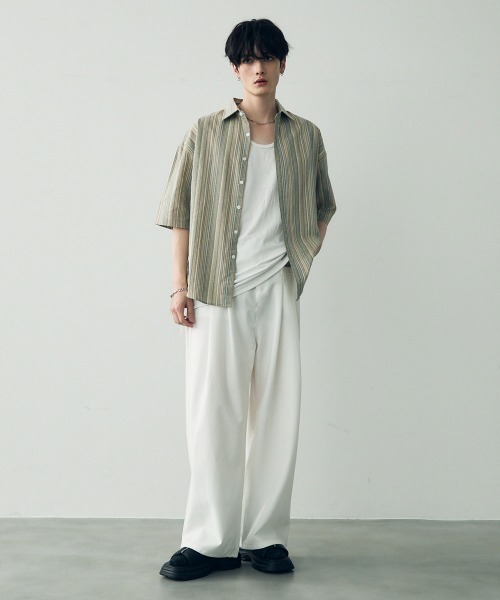 Shoowtime(ショウタイム)の「Over size retro stripe shirt / オーバーサイズレトロ配色ストライプシャツ(シャツ/ブラウス・メンズ・ベージュ系/ブルー系・X-LARGE/LARGE/MEDIUM)」の16枚目の写真