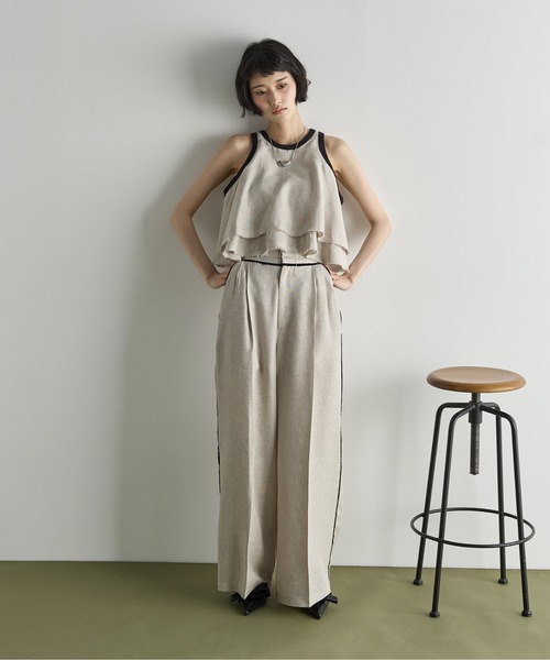 rin onffo リネン　レーヨン　スラックス THE Yon スラックス パンツ リネンライクカットオフパインピング