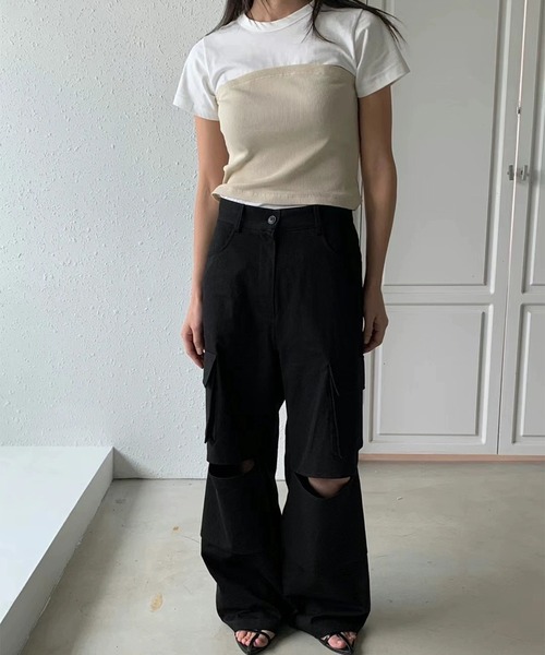 SUWDEE(スーディー)の「rib bustier docking t-shirt(Tシャツ/カットソー・レディース・ブラック/ベージュ・FREE)」の3枚目の写真