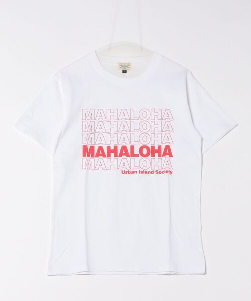 URBAN ISLAND SOCIETY(アーバンアイランドソサエティ)の「【URBAN ISLAND SOCIETY/アーバンアイランドソサエティ】MAHALOHA S/S TEE / マハロハデザインプリント半袖T-シャツ(Tシャツ/カットソー・メンズ・ホワイト/ブラック/ブルー・SMALL/MEDIUM/LARGE/X-LARGE)」の1枚目の写真