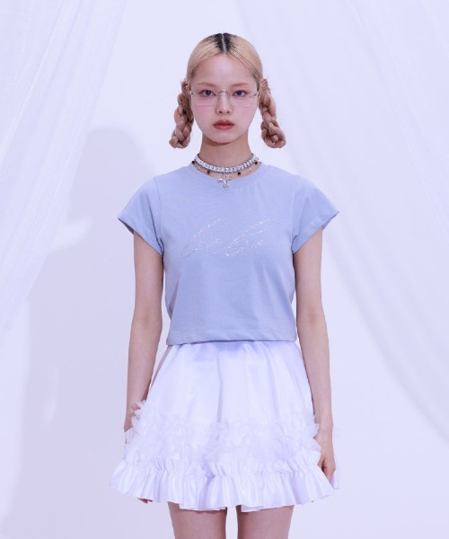 FickleBebe(フィクルベベ)の「BEBEクロップドTEE(Tシャツ/カットソー・レディース・ホワイト/ピンク/ブラック/ブルーグレー・FREE)」の1枚目の写真