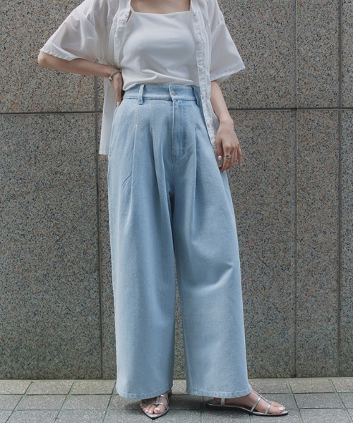 ECLAM(クラム)の「タック ワイド ハイウエスト デニム パンツ(デニムパンツ・レディース・インディゴブルー/ブルー系その他/ブルー・FREE)」の22枚目の写真