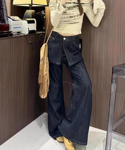 ふれいや セール】フェイクレイヤード ワイドストレート デニムパンツ