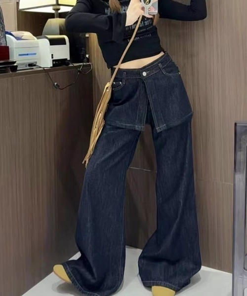 Ritzy（リッツィー）の「フェイクレイヤード ワイドストレート デニムパンツ（デニムパンツ・レディース・ダークブルー・S/M/L/XL）」の8枚目の写真