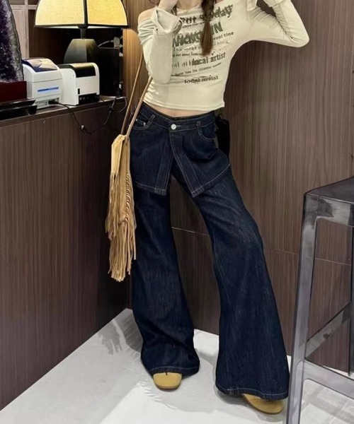 Ritzy（リッツィー）の「フェイクレイヤード ワイドストレート デニムパンツ（デニムパンツ・レディース・ダークブルー・S/M/L/XL）」の7枚目の写真