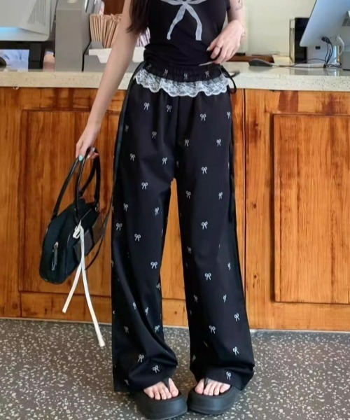 gossip!ロサンゼルス(ゴシップロサンゼルス)の「【Y2Kガーリー】レース×リボンストレートパンツ(スウェットパンツ・レディース・オフホワイト/ブラック・FREE)」の3枚目の写真