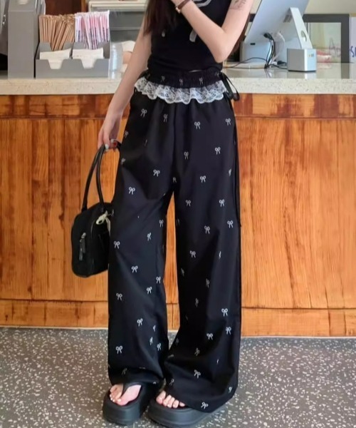 gossip!ロサンゼルス(ゴシップロサンゼルス)の「【Y2Kガーリー】レース×リボンストレートパンツ(スウェットパンツ・レディース・オフホワイト/ブラック・FREE)」の17枚目の写真