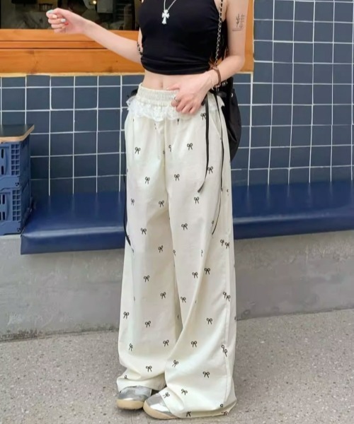 gossip!ロサンゼルス(ゴシップロサンゼルス)の「【Y2Kガーリー】レース×リボンストレートパンツ(スウェットパンツ・レディース・オフホワイト/ブラック・FREE)」の7枚目の写真