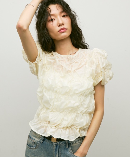 SEAVALLEY グリッターシャーリングトップ　 ホワイト Shirring bubble top / シャーリングバブルトップス（Tシャツ