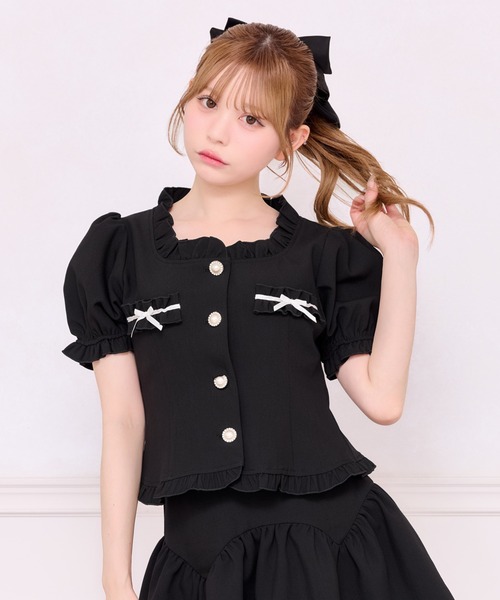 美品✨Rene ルネ パール パフスリーブ ビジュー ボレロ 短丈 濃紺 美品✨Rene ルネ パール パフスリーブ ビジュー ボレロ 短丈