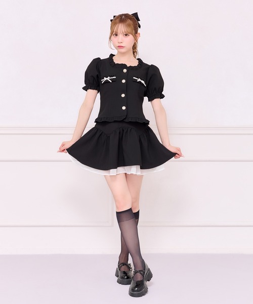 美品✨Rene ルネ パール パフスリーブ ビジュー ボレロ 短丈 濃紺 美品】Rene ルネ / パールボタン スカラップ カーディガン 黒 38