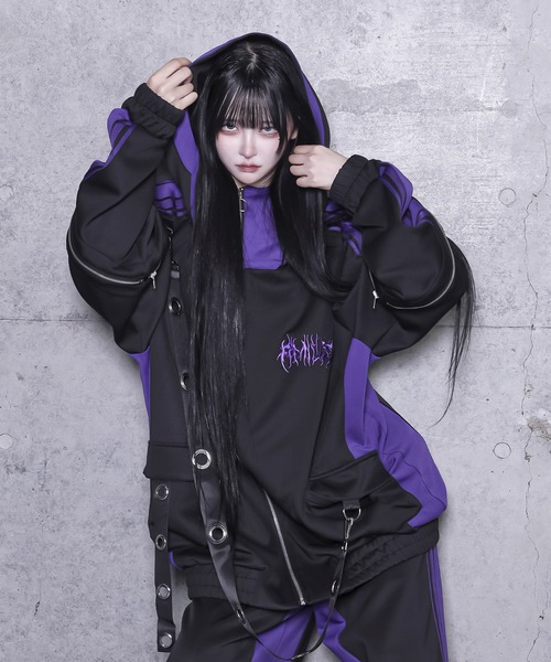 amilige ハトメベルト付きライン入りZIPトップス　ブラック/パープル ハトメベルト付きライン入りZIPトップス（パーカー）｜Amilige