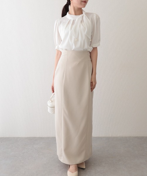 Lace Ladies(レースレディース)の「スタンドカラー ボウタイ リボン パール付き 半袖 ブラウス(シャツ/ブラウス・レディース・ピンク/アイボリー/ホワイト・M)」の4枚目の写真