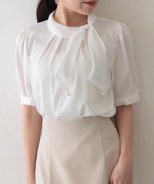 Lace Ladies(レースレディース)の「スタンドカラー ボウタイ リボン パール付き 半袖 ブラウス(シャツ/ブラウス・レディース・ピンク/アイボリー/ホワイト・M)」の8枚目の写真