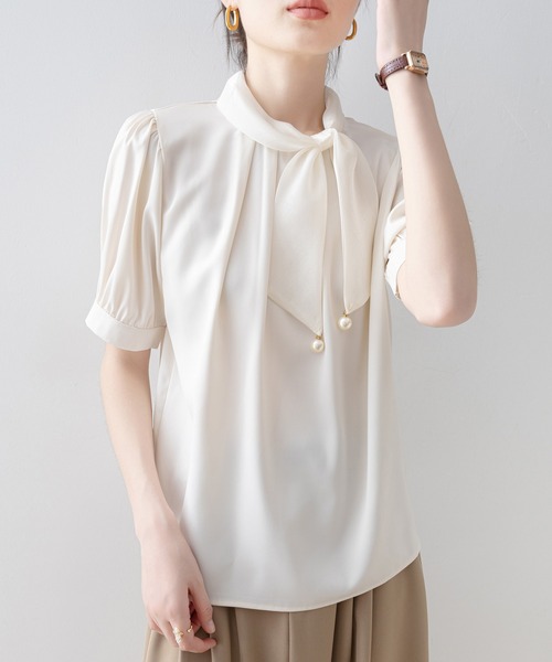 Lace Ladies(レースレディース)の「スタンドカラー ボウタイ リボン パール付き 半袖 ブラウス(シャツ/ブラウス・レディース・ピンク/アイボリー/ホワイト・M)」の9枚目の写真