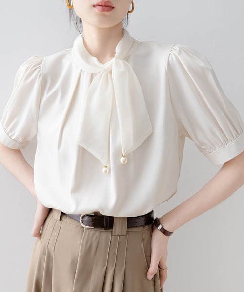 Lace Ladies(レースレディース)の「スタンドカラー ボウタイ リボン パール付き 半袖 ブラウス(シャツ/ブラウス・レディース・ピンク/アイボリー/ホワイト・M)」の11枚目の写真
