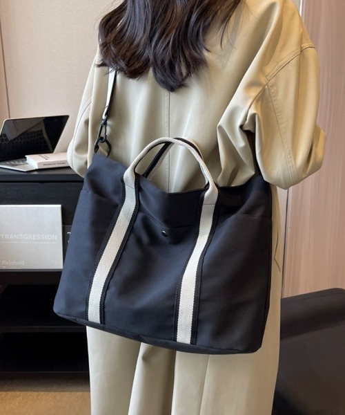 shoppinggo（ショッピングゴー）の「トートバッグ A4サイズ対応 肩掛け BAG シンプル フェミニン お洒落 手提げバッグ ファスナー付き 大容量 通勤（トートバッグ・レディース・ブラック/ベージュ・FREE）」の2枚目の写真