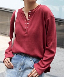 <抗菌防臭> ソフトワッフル ヘンリーネック ラウンドヘム プルオーバーレッド