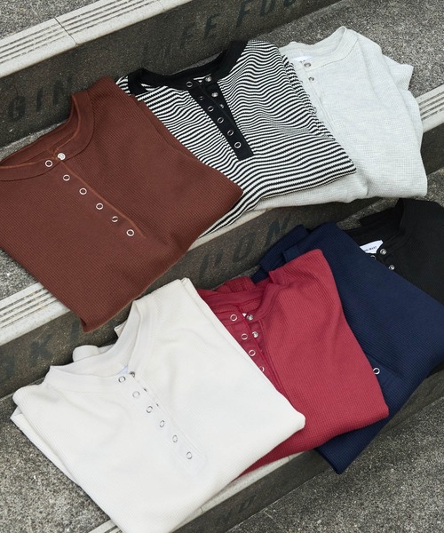 MONO-MART（モノマート）の「抗菌防臭ワッフル｜ヘンリーネック こなれプルオーバー（Tシャツ/カットソー・レディース・ネイビー/ライトグレー/レッド/ブラウン/ブラック/ホワイト系/オフホワイト/ピンク/モカ・FREE）」の10枚目の写真