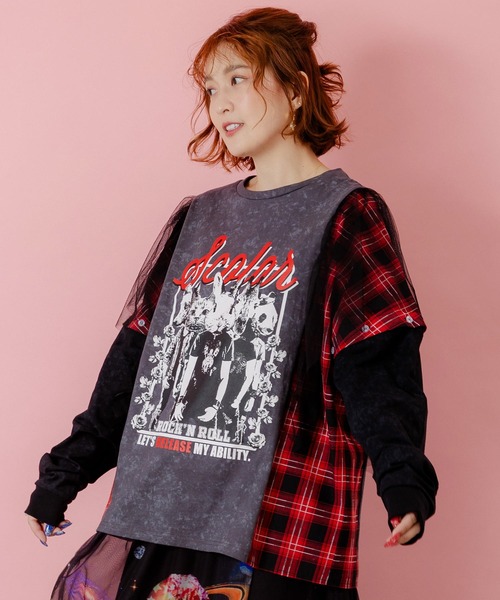 ScoLar（スカラー）の「153633：ロックなアニマル柄 異素材切替2WAYロンT（Tシャツ/カットソー・レディース・チャコールグレー/ブラック・M）」の4枚目の写真