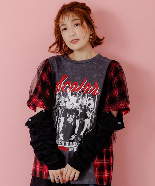 ScoLar（スカラー）の「153633：ロックなアニマル柄 異素材切替2WAYロンT（Tシャツ/カットソー・レディース・チャコールグレー/ブラック・M）」の10枚目の写真