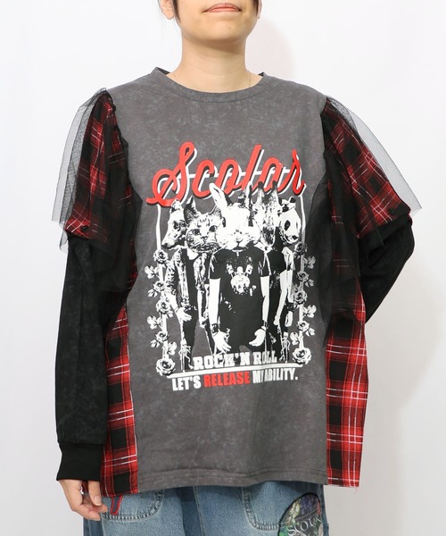 ScoLar（スカラー）の「153633：ロックなアニマル柄 異素材切替2WAYロンT（Tシャツ/カットソー・レディース・チャコールグレー/ブラック・M）」の11枚目の写真