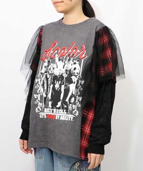 ScoLar（スカラー）の「153633：ロックなアニマル柄 異素材切替2WAYロンT（Tシャツ/カットソー・レディース・チャコールグレー/ブラック・M）」の12枚目の写真