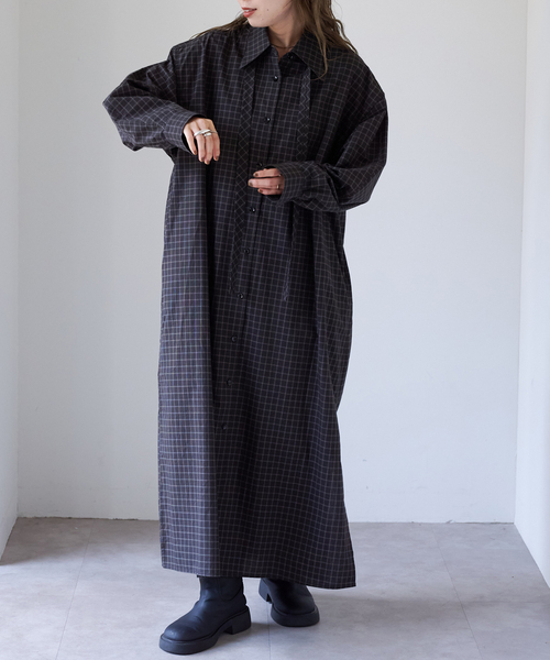 チェックボウタイロングシャツワンピース