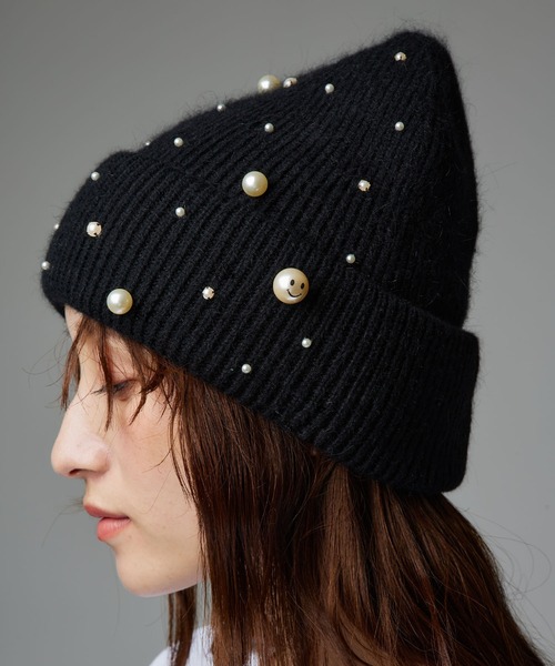 Narcissus（ナルシス）の「パールスマイルビーニー/パールニット帽（ニットキャップ/ビーニー・レディース・ブラック/ホワイト・FREE）」の2枚目の写真