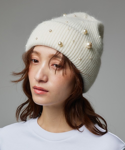 Narcissus（ナルシス）の「パールスマイルビーニー/パールニット帽（ニットキャップ/ビーニー・レディース・ブラック/ホワイト・FREE）」の5枚目の写真