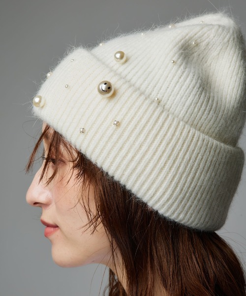 Narcissus（ナルシス）の「パールスマイルビーニー/パールニット帽（ニットキャップ/ビーニー・レディース・ブラック/ホワイト・FREE）」の6枚目の写真