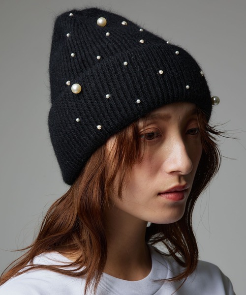 Narcissus（ナルシス）の「パールスマイルビーニー/パールニット帽（ニットキャップ/ビーニー・レディース・ブラック/ホワイト・FREE）」の8枚目の写真