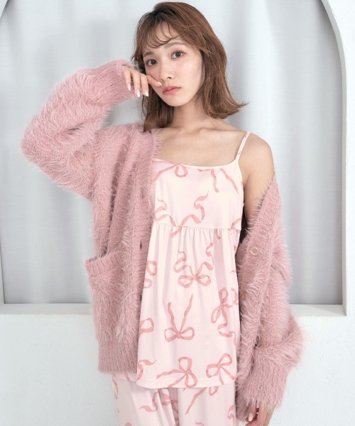 aimerfeel♡リボン柄ルームウェア リボン柄キャミとふわふわカーデ。あざと可愛い！無敵の愛され3点