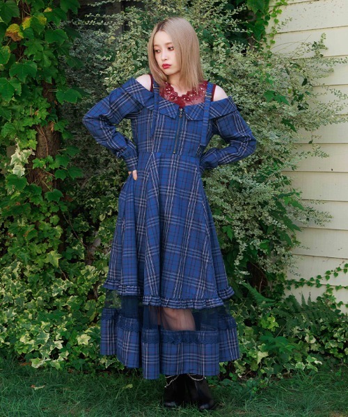 axes femme(アクシーズファム)の「タータンチェック肩開ワンピース(ワンピース・レディース・ミント/ワイン/ネイビー・FREE)」の3枚目の写真