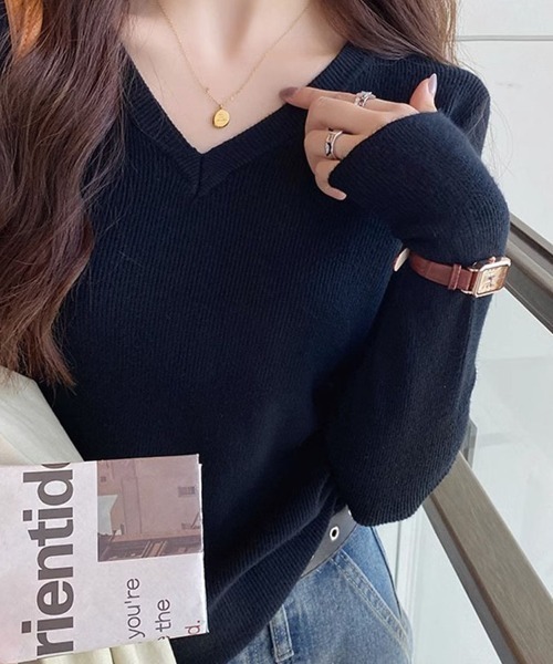 shoppinggo(ショッピングゴー)の「ニットソー Vネック ニットトップス 薄く軽い 無地 大人気可愛い 薄手ニット インナー シルエット 伸縮性あり(ニット/セーター・レディース・ピンク/ライトグリーン/グリーン/キャメル/ホワイト/アイボリー/ブラック/ダークグリーン/ネイビー/ベージュ・FREE)」の16枚目の写真