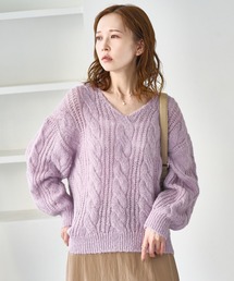 美品✨ ケーブル編み ウール100% パープル ニットセーター フリー 美品✨ ケーブル編み ウール100% パープル ニットセーター フリー 美品