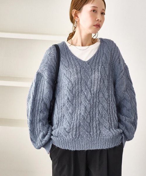 ROPE' PICNIC(ロペピクニック)の「ゆるケーブル編みVネックニット(ニット/セーター・レディース・ブルー系その他4/ラベンダー/グレー/キナリ・FREE)」の13枚目の写真