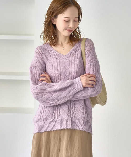 セール】ゆるケーブル編みVネックニット（ニット/セーター）｜ROPE