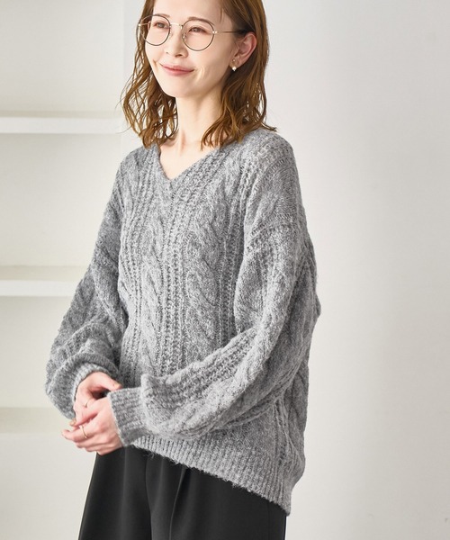 セール】ゆるケーブル編みVネックニット（ニット/セーター）｜ROPE