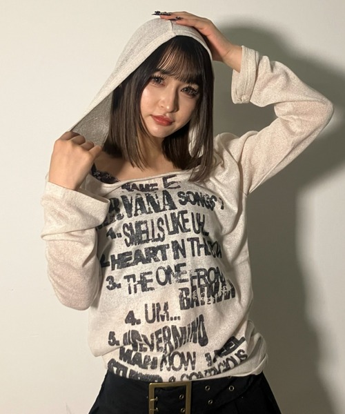 .KOM(ドットコム)の「A'GEM/9 × .kom 『.KOM/ドットケーオーエム』Grunge Print Sheer Hoodie Top/グランジプリント シアーフーディートップ(Tシャツ/カットソー・レディース・アイボリー/チャコールグレー・FREE)」の8枚目の写真